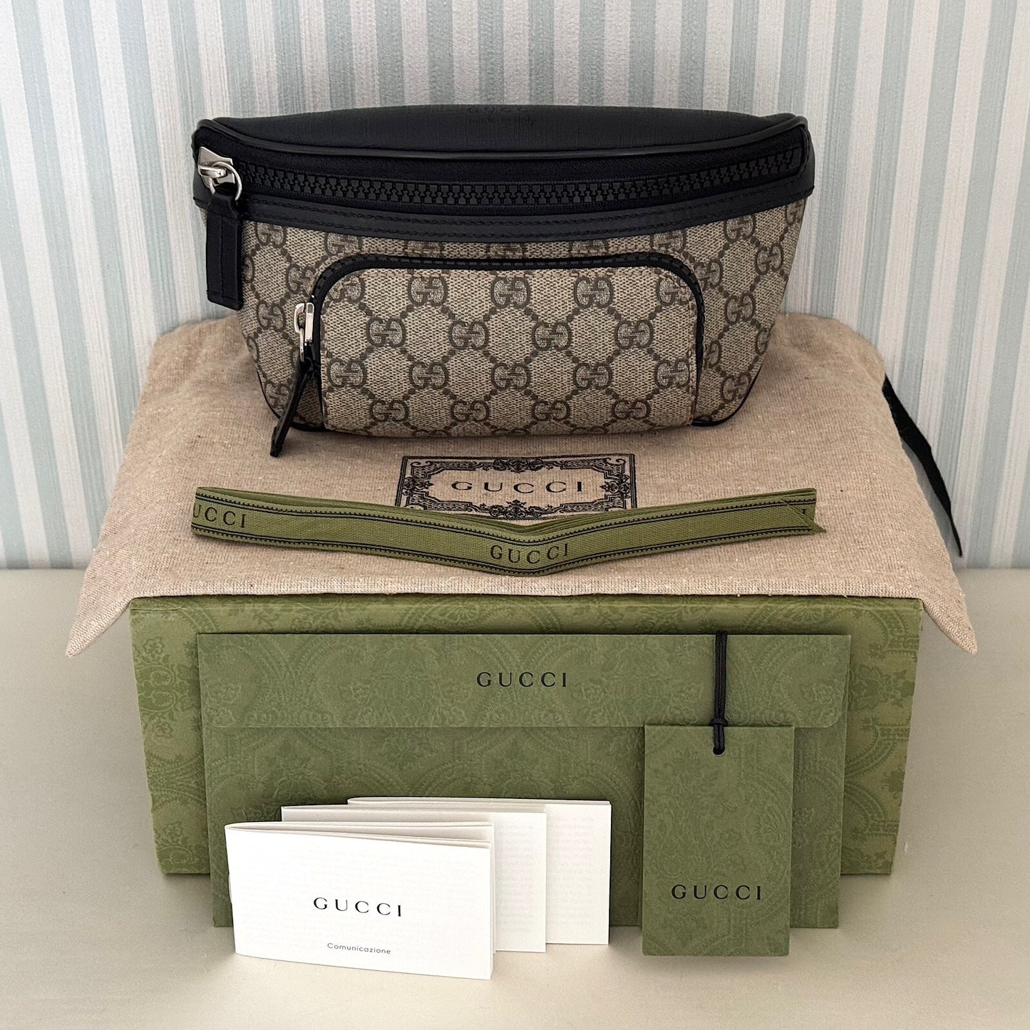 GUCCI GG Supreme 450946 Canvas Body Belt Bag Beige Fanny PVC Leather with Box