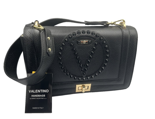 Valentino by Mario Alice Rock Black  Leather Shoulder Bag Purse -retail $1095