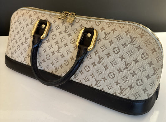 Louis Vuitton Monogram Mini Lin Alma Long Beige Canvas Brown Leather Gold Vtg